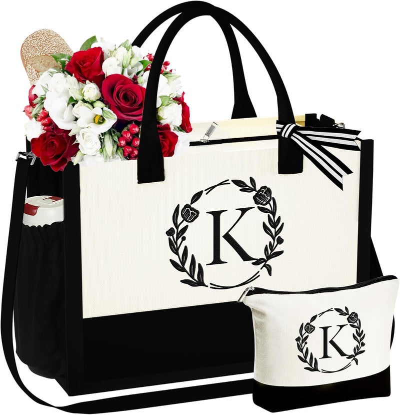 YOOLIFE Gifts for Women - Initial Canvas Tote Bag Makeup Bag, Valentines Day Gifts for Women Teacher Mom Wife Friend Birthday - Image 1
